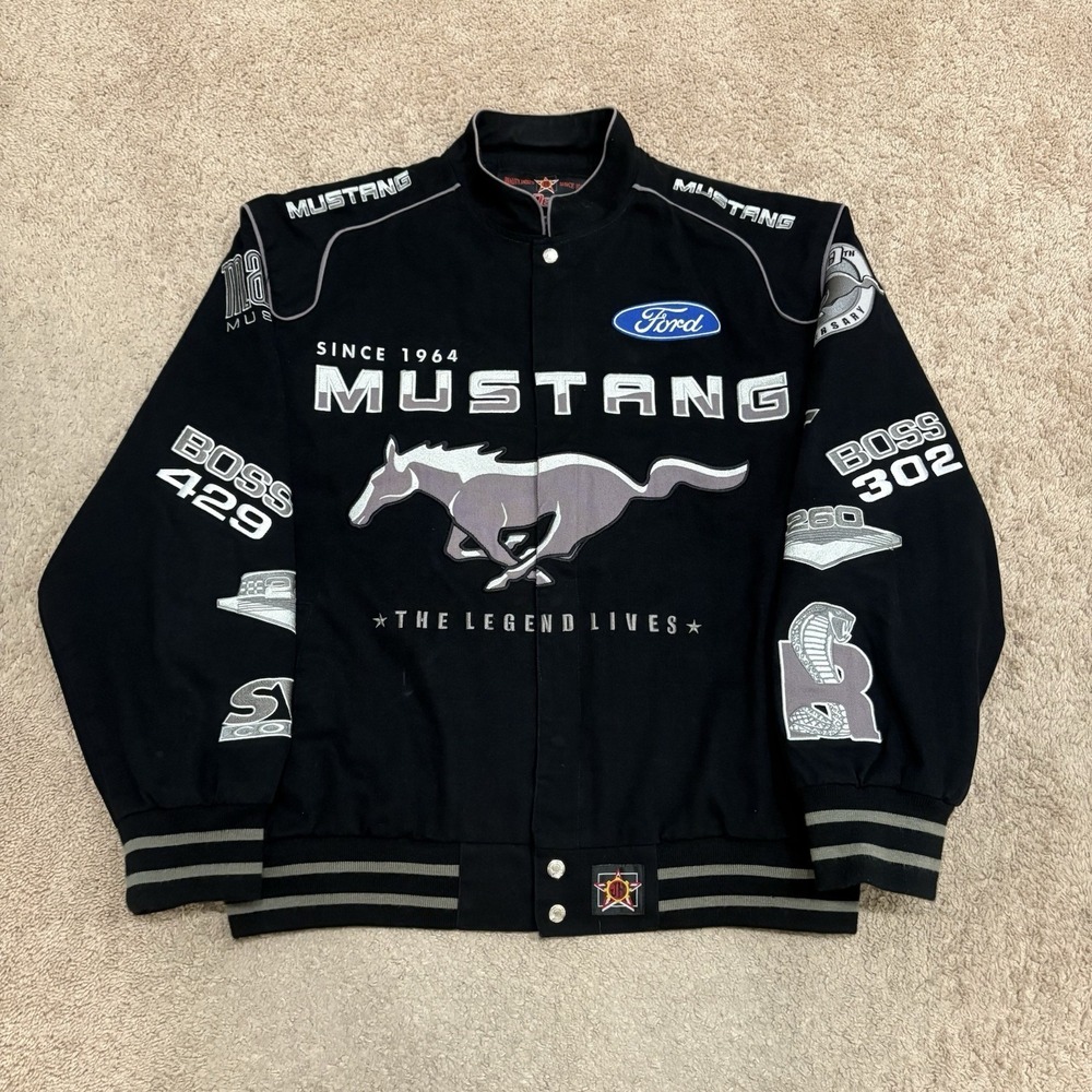 JH Design Ford Mustang Racing Jacket Men's XL Black Cotton SVTCobra Boss302